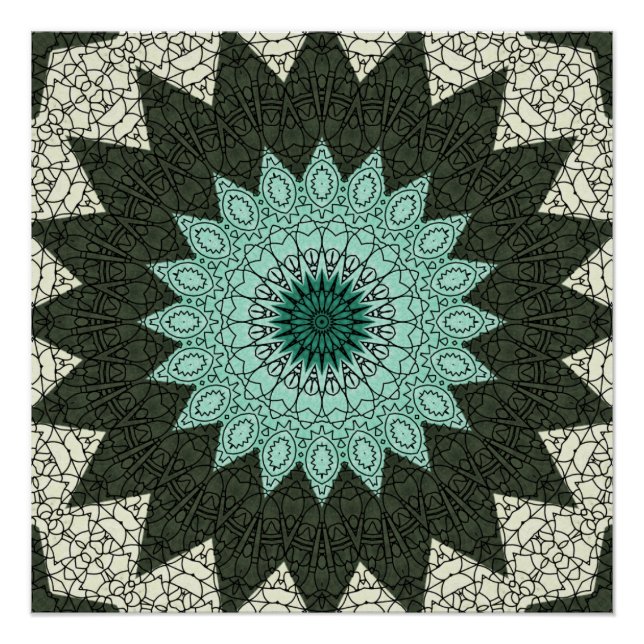 Pôster Padrão de Mandala Geométrico Azul Turquesa e Verde (Frente)