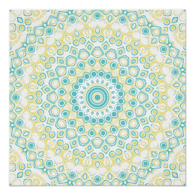 Pôster Padrão de Mandala Geométrico Azul-Verde e Amarelo (Frente)