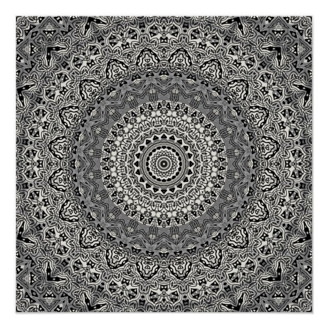 Pôster Padrão de Mandala Geométrico Preto e Branco (Frente)