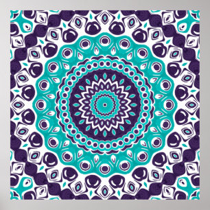 Poster Padrão de Mandala Moderna Turquesa e Roxo