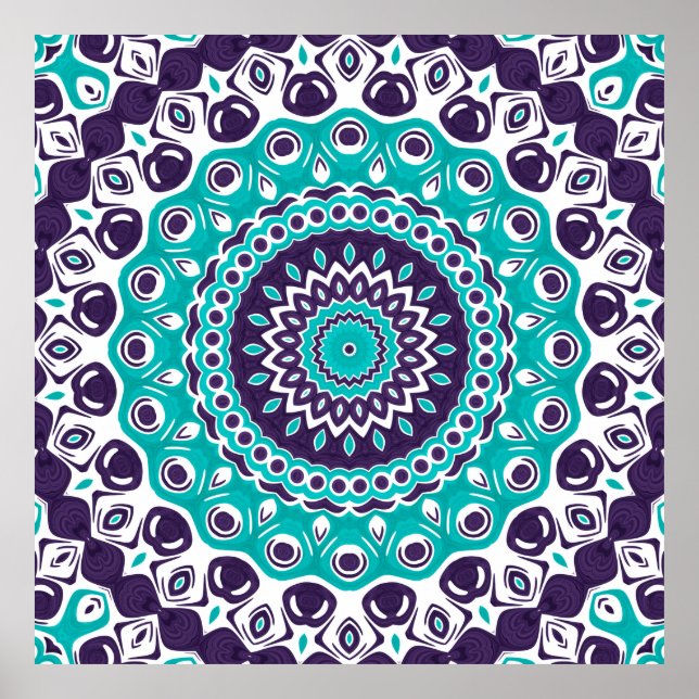Poster Padrão de Mandala Moderna Turquesa e Roxo (Frente)
