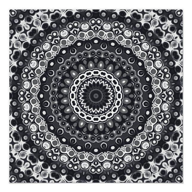 Pôster Padrão de Mandala Monocromático Preto e Branco (Frente)