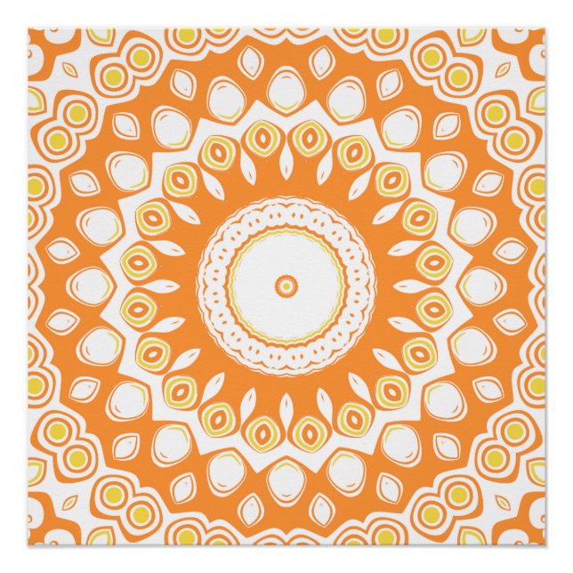 Pôster Padrão de Mandala Radiante Laranja e Amarelo (Frente)