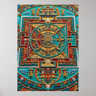 Poster Padrão de Mandala Turquesa e Dourado