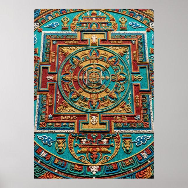 Poster Padrão de Mandala Turquesa e Dourado (Frente)
