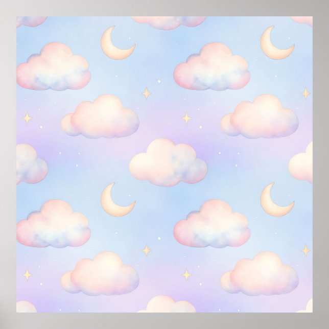 Poster Padrão de Nuvens Sonhadoras e Lua Crescente em Pas (Frente)