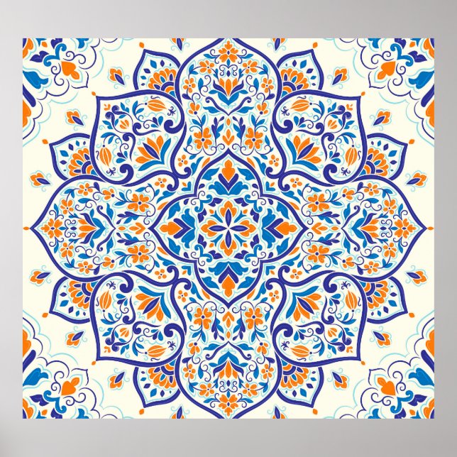 Poster Padrão de Ornamento Azul Laranja de Luxo (Frente)