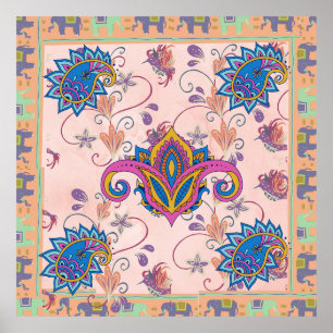 Poster Padrão de paisley boho e elefante_arte de mandala