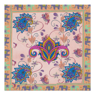 Pôster Padrão de paisley boho e elefante_arte mandala
