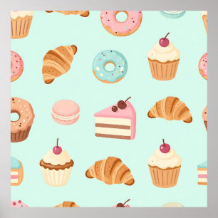 Poster Padrão de Pastelarias Francesas Pastel Doces Fofos
