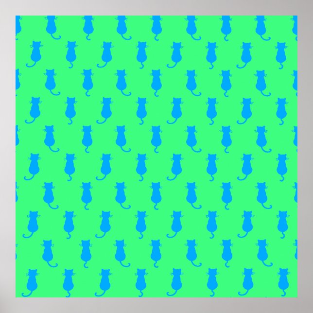 Poster Padrão de Pontos Coloridos Gato Pop Art em Azul e  (Frente)