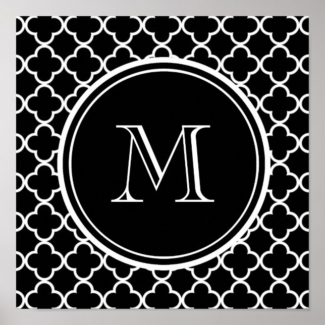 Poster Padrão de Quatrefoil Branco Preto, Seu Monograma (Frente)