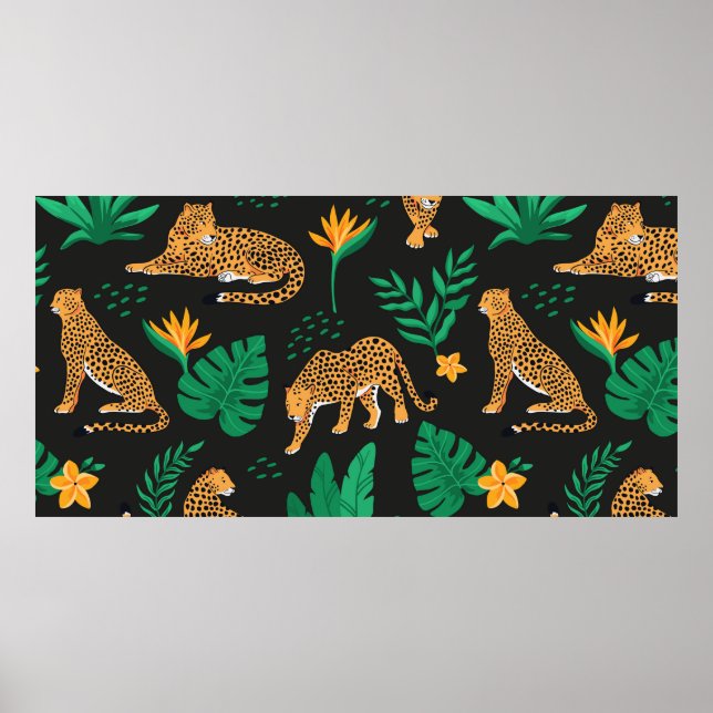 Poster Padrão de safra com leopardos e folhas tropicais  (Frente)