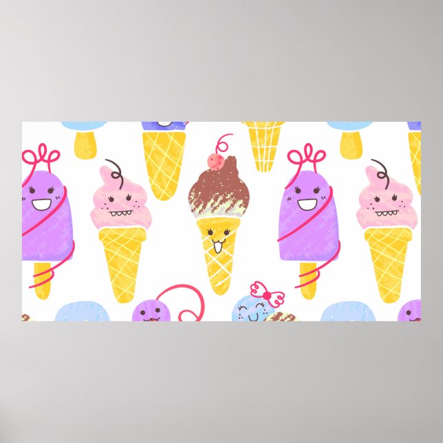Poster Padrão de Sorvetes Kawaii, Caractere Kawaii Ice Cr (Frente)