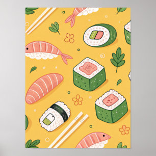 Poster Padrão de Sushi Sem Costura – Comida Japonesa Fofa
