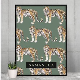 Poster Padrão De Tigres De Aquarela Verde Tropical Com No