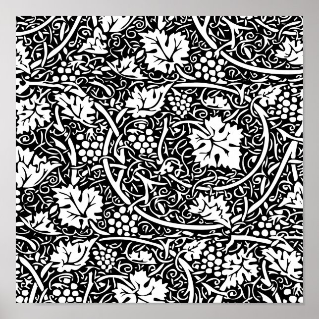 Pôster Padrão de videira preta e branca de William Morris (Frente)