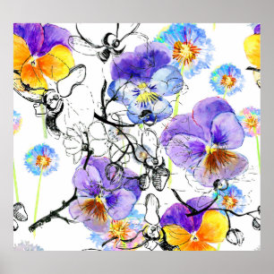 Poster Padrão de Vintagem de Aquarelas Violet Flowers