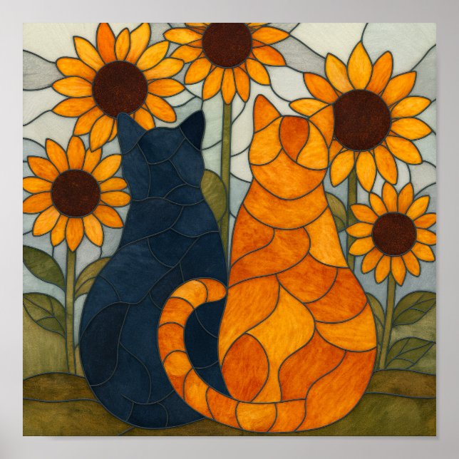 Poster Padrão de Vitral com Dois Gatos e Girassóis (Frente)