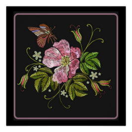 Pôster Padrão do bordado floral elegante em preto
