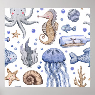 Poster Padrão Do Mar De Cores Aquáticas Pintadas À Mão.
