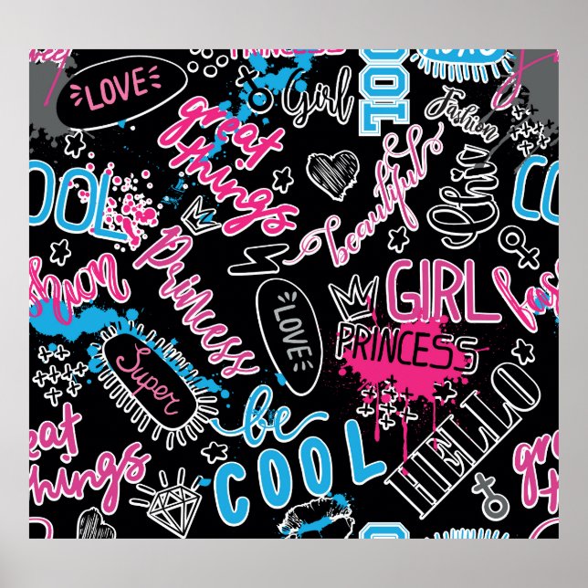Poster Padrão feminino com slogan caligráfico, corações,  (Frente)