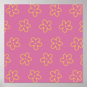 Poster Padrão Flor Simples Amarelo Roxo Retro