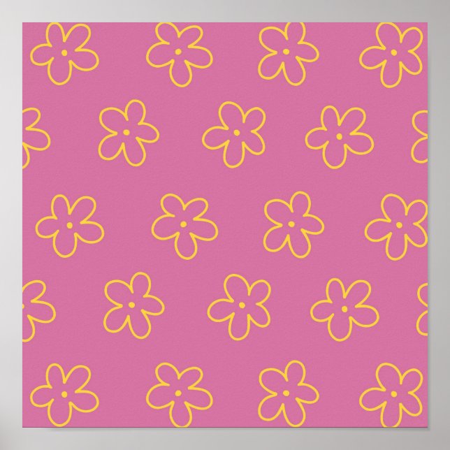 Poster Padrão Flor Simples Amarelo Roxo Retro (Frente)