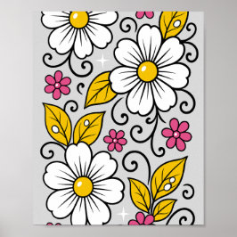 Poster Padrão Floral Alegre com Contornos Ousados