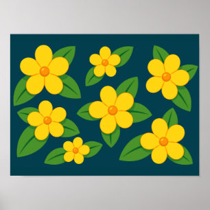Poster Padrão Floral Amarelo Brilhante com Folhas Verdes