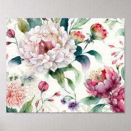 Poster Padrão floral asiático delicado e elegante de aqua