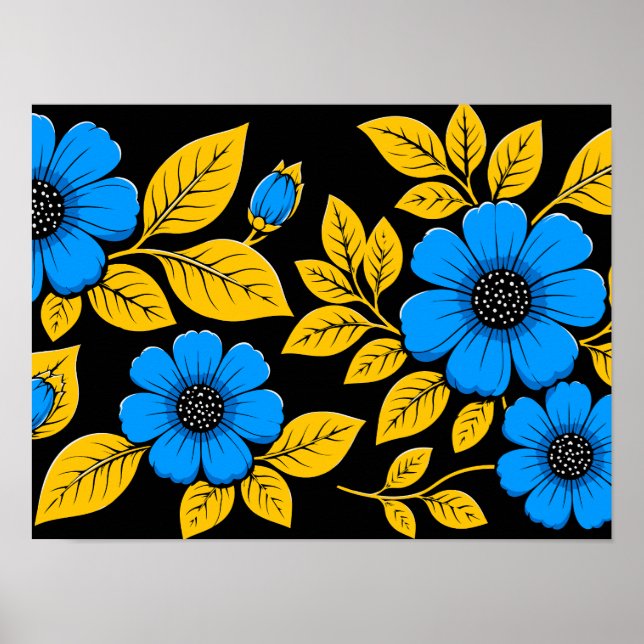 Poster Padrão Floral Azul com Folhas Douradas (Frente)