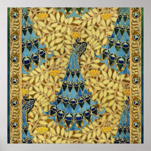 Poster Padrão Floral Azul de Pavão Art Nouveau Vintage