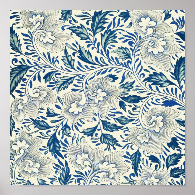 Poster Padrão Floral Azul Desenho Antigo Asiático (Frente)