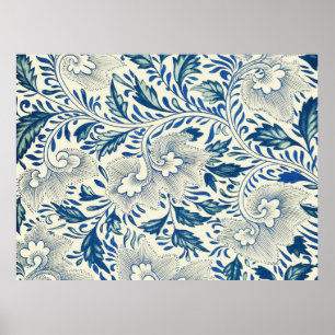 Pôster Padrão Floral Azul Design Asiático Antiquado