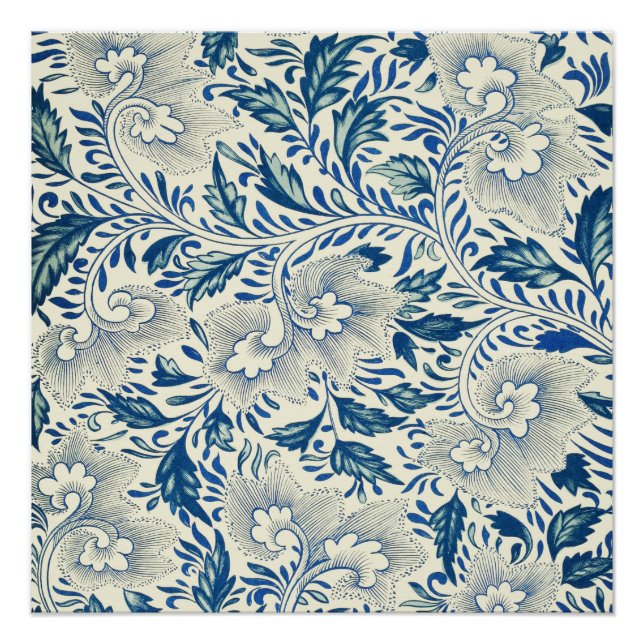Pôster Padrão Floral Azul Design Asiático Antiquado (Frente)