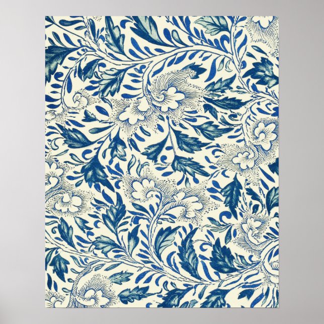 Pôster Padrão Floral Azul Design Asiático Antiquado (Frente)