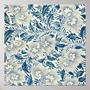 Poster Padrão Floral Azul Design Asiático Antiquado