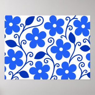 Poster Padrão Floral Azul Sem Costura