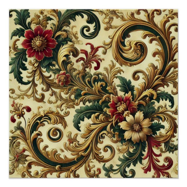 Pôster Padrão Floral Barroco com Dourado, Vermelho, Verde (Frente)