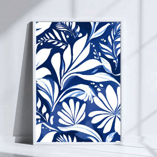 Poster Padrão Floral Botânico Aquarela Azul