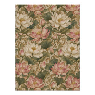 Pôster Padrão Floral Botânico Lótus de Água Vintage