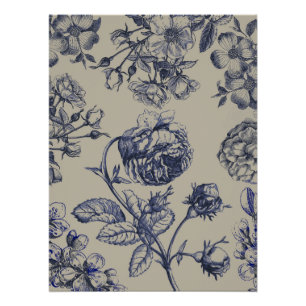 Pôster Padrão Floral Botânico Toile Azul Vintage
