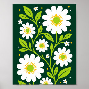 Poster Padrão Floral Branco Elegante com Folhas Verdes