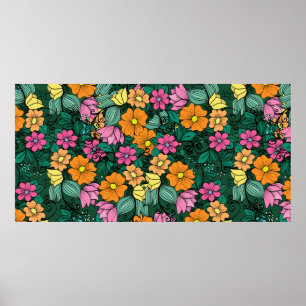 Poster padrão floral brilhante em um fundo verde. Vinta