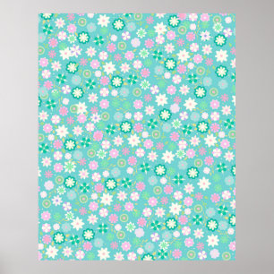 Poster Padrão Floral Brilhante, Rosa-Rosa, Teal Branco D