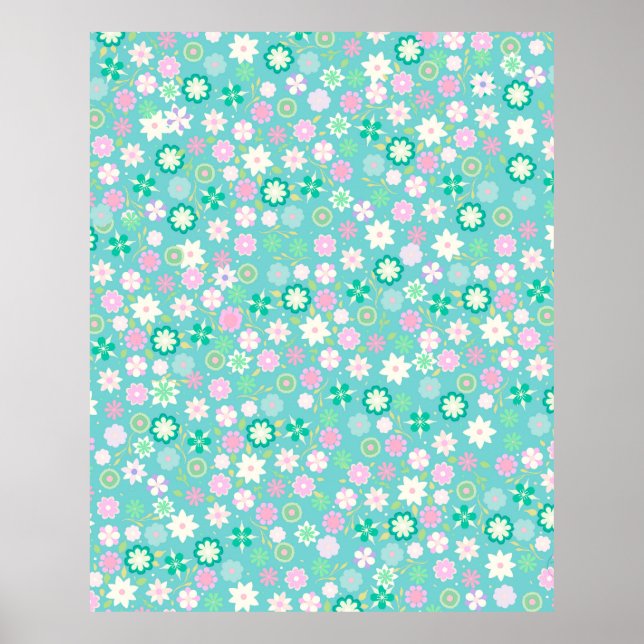 Poster Padrão Floral Brilhante, Rosa-Rosa, Teal Branco Di (Frente)