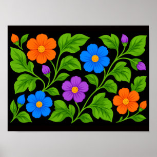 Poster Padrão Floral Colorido com Folhagem Verde