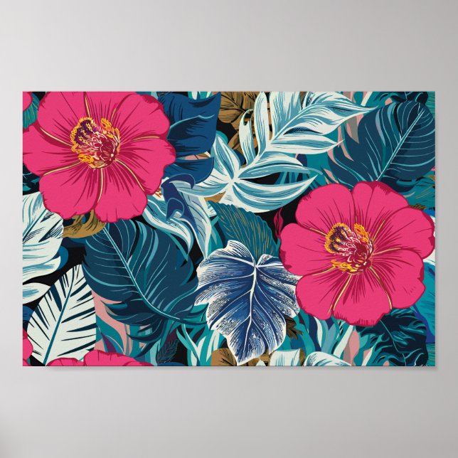 Poster Padrão Floral com Hibiscus Rosa e Folhagem Azul (Frente)