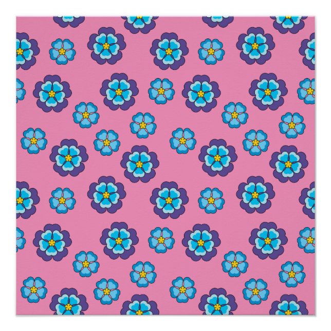 Pôster Padrão Floral Cor-de-Rosa Azul (Frente)